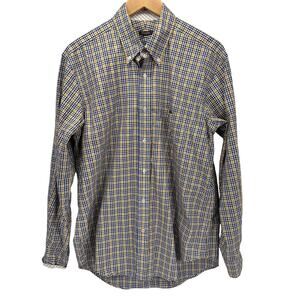 J McLaughlin Shirt Mens Large Button Down Blue Yellow Check Plaid Coastal Cotton